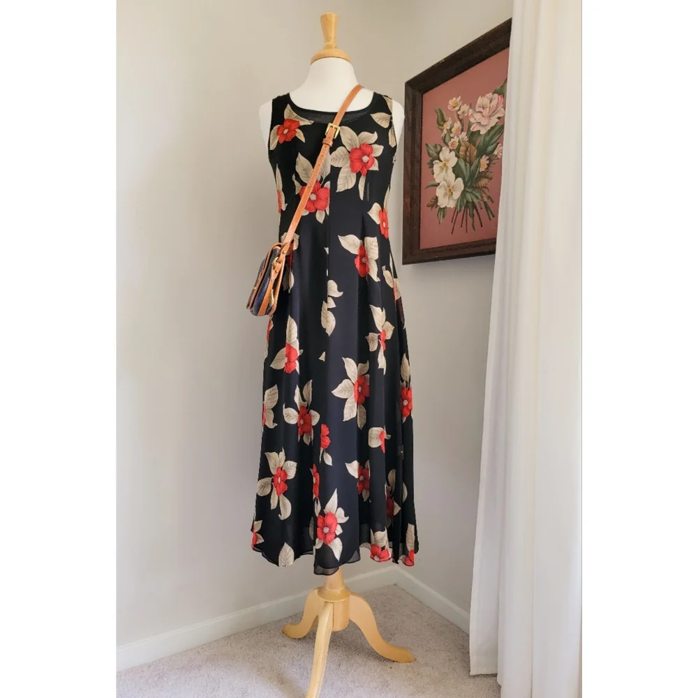 90s Black Floral Silk Scoop Neck 1990s Vintage Fully Lined Sleeveless Midi Dress - Picture 4 of 14